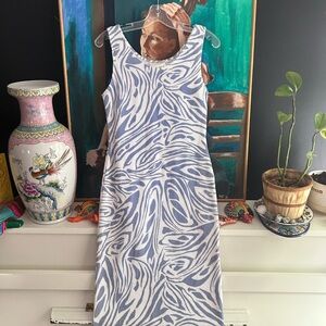 Vintage Y2K Abstract Blue and White Midi Beach Dress L Ribbed